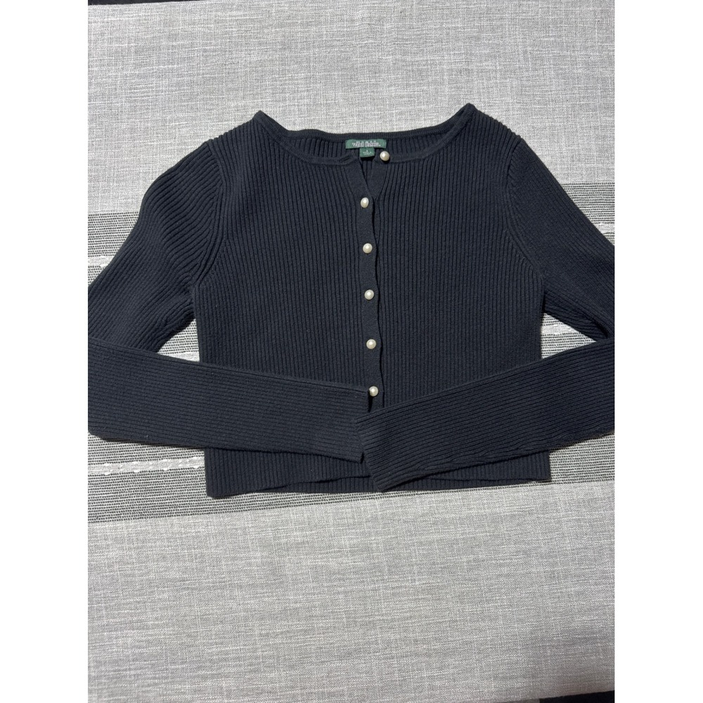 Wild Fable‎ Black Ribbed Button Up Cropped Cardigan Sweater Womens Small - Picture 2 of 6